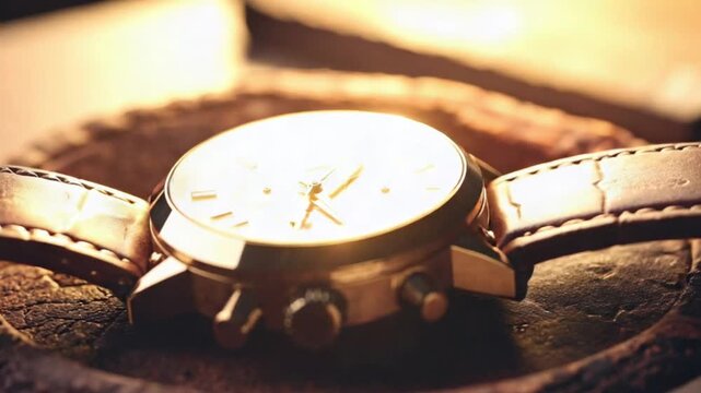 Luxurious gold chronograph watch with leather strap in warm light