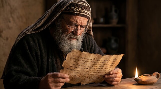 Elderly man with glasses reading ancient scroll diligently studying sacred text by oil lamp light in room filled with knowledge and history.