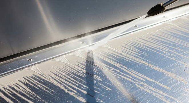 High pressure water jet powerfully cleaning accumulated dust and grime from a metallic surface, creating dynamic spray patterns.
