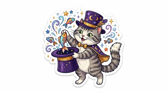 Adorable cartoon tabby cat magician performs a charming magic trick, pulling colorful fish from a mystical purple top hat, surrounded by enchanting stars and glittering magic