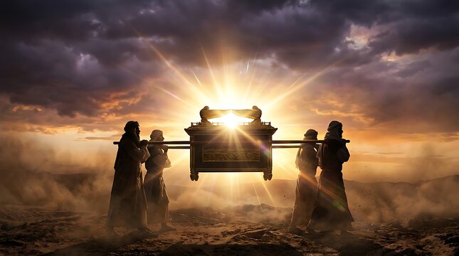 Ancient ark of covenant carried by men in robes across desert landscape with bright sunbeams and rainbow against dramatic cloudy sky symbolizing religious journey and divine presence in ancient times.