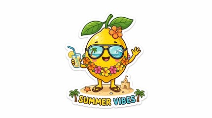 Naklejka premium Cute Cartoon Lemon Character Enjoying Summer Vacation on Tropical Beach with Refreshing Drink and Hibiscus Lei for Tropical Holiday Graphic Design