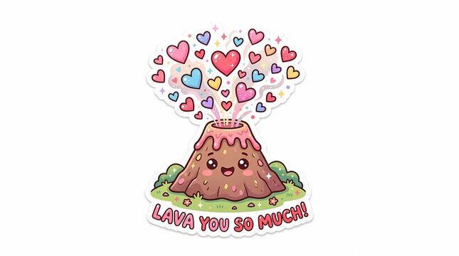 Cute cartoon volcano graphic erupting colorful hearts with a sweet 'Lava You So Much' message. Adorable illustration symbolizing overwhelming love and deep affection