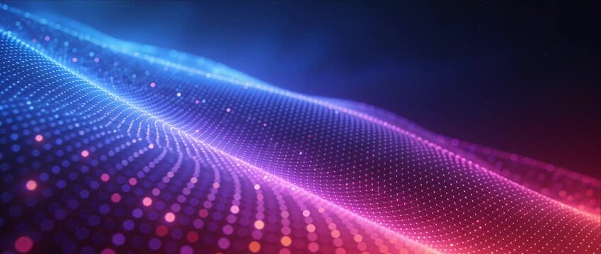 Abstract neon wave background with glowing particle grid, smooth gradient digital technology pattern, futuristic data flow surface, blue pink cyber light wave, abstract digital neon particle gradient