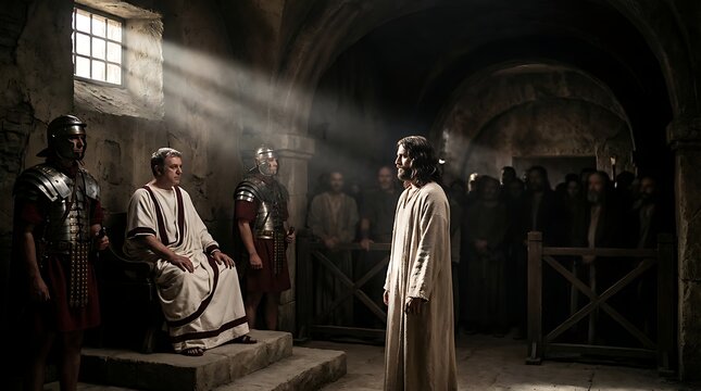 Jesus stands before Pontius Pilate in judgment hall as Roman soldiers look on in ancient Jerusalem.