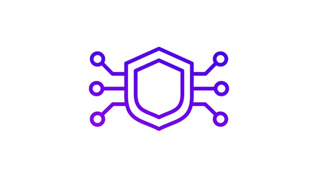 Purple line icon of a digital shield with circuit board nodes representing cybersecurity, network protection, and data privacy on a white background.