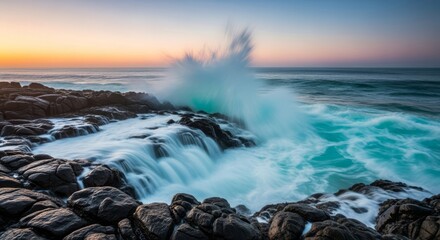 Obraz premium A mesmerizing long exposure of turquoise waves crashing against dark coastal rocks, creating a dreamy ethereal mist under a soft sunset, tranquil, sunset, turquoise