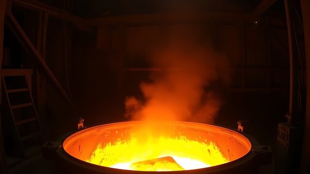 Industrial scene inside a foundry with molten metal glowing in a crucible.