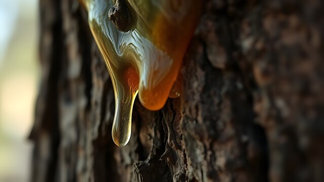 Thick resin dripping from a tree trunk, viscous texture in natural lighting.