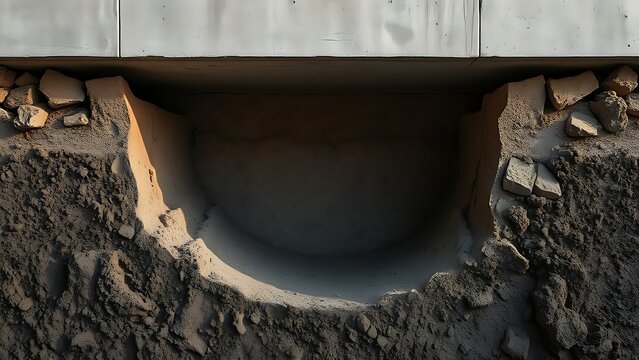 Cross-section of soil under a foundation showing a washed-out cavity.