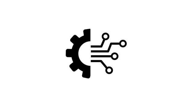 Animated Artificial Intelligence Cogwheel Icon. AI Technology Icon Animation with Half Cogwheel and Digital Data Streaming.