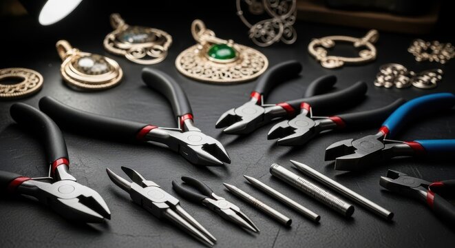 Assorted Jewelry Making Pliers and Wire Wrapping Mandrels Laid Out for Crafting and Artistic Creation