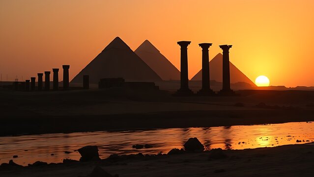 Nile riverbank at sunset with ancient stone columns and distant pyramids in warm light.