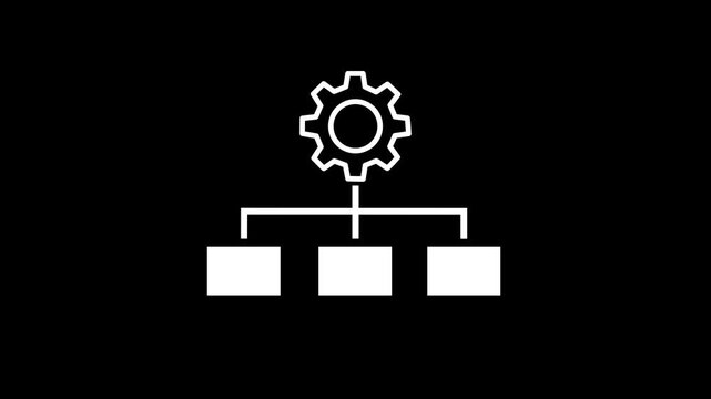 White line icon of a gear connecting to three organizational boxes representing a process flow or automated management system on a black background.