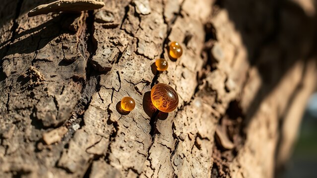 Close-up of a myrrh tree's rough bark with amber resin droplets in sunlight.