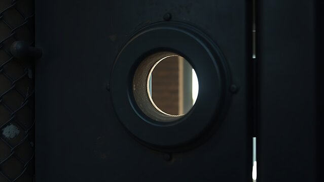 Heavy iron door with a small cold peephole, sliver of light piercing through, industrial texture.