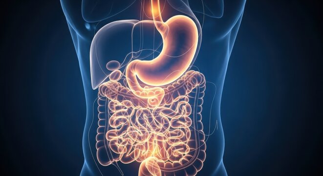 Illuminated human digestive system highlighting stomach and intestines