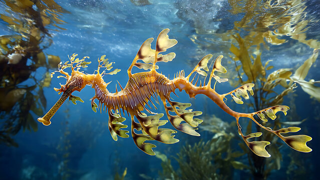 Leafy Seadragon Swimming Through Kelp Forest Underwater