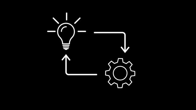 Idea to Process Workflow Icon with Light Bulb and Gear. Implementation Animation Icon with Light Bulb, Arrow and Gear