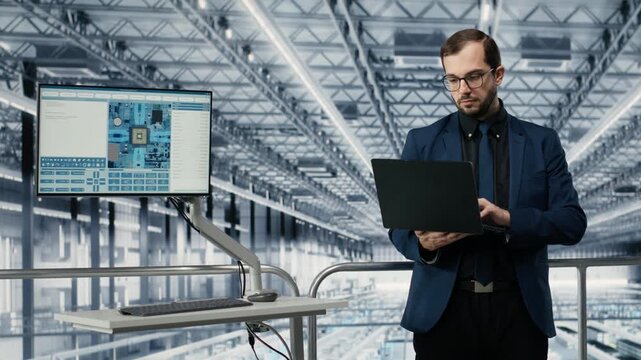 Man in microchip smart factory using MES software simulation app to optimize conveyor belts workflow. Manager using tool tracking semiconductor production hardware circuit layout defects, camera B