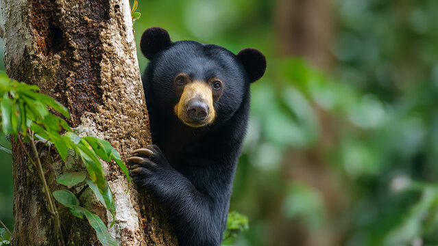 Malayan Sun Bear Peeking from Behind a Tree in Rainforest