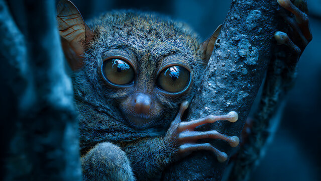 Close Up of a Philippine Tarsier Clinging to a Tree Branch at Night