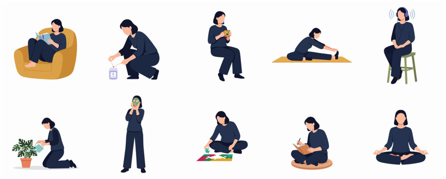 Flat Design Collection Of Woman Performing Various Relaxing Daily Activities And Hobbies