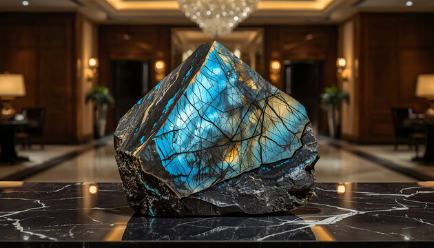 Large Raw Labradorite Stone with Blue Flash on a Reception Desk
