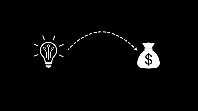Idea to Profit Concept Lightbulb to Money Bag Icon. Innovation to Revenue Flow. Business Idea Conversion to Earnings Symbol.