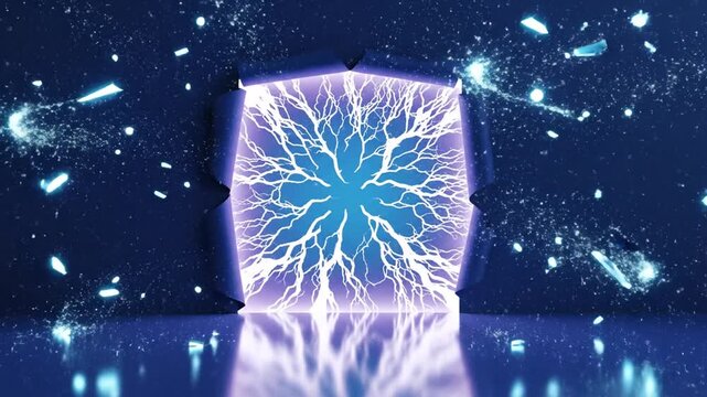 Glowing blue lightning portal behind a torn wall opening