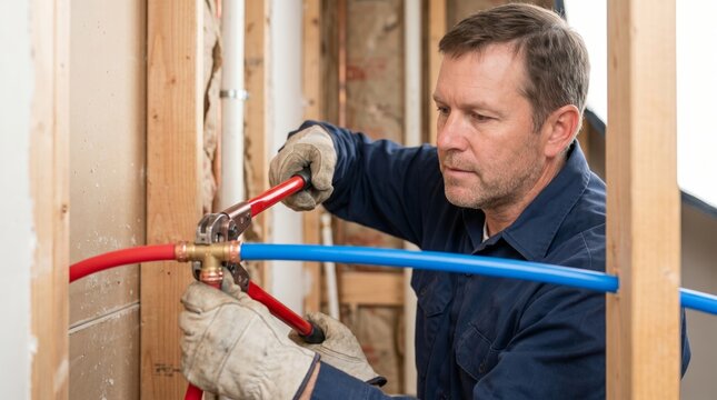 Professional plumber installing PEX water lines in residential wall