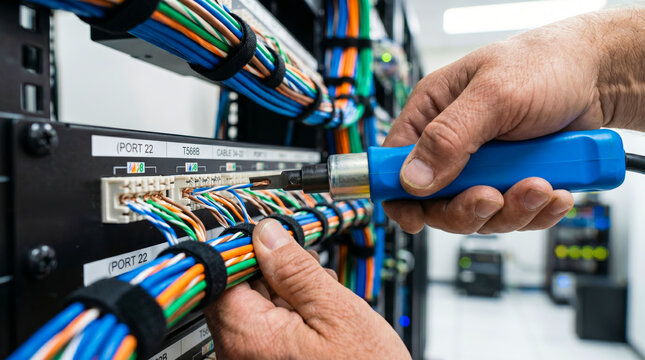 Technician punching down network cables into data center patch panel