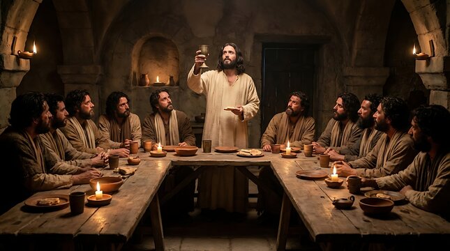 Jesus and twelve disciples at a U shaped table during Last Supper, sharing bread and wine in ancient stone chamber with candlelight.