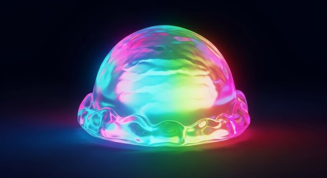 Neon gel ice cream scoop with an internal glow, showcasing translucent textures and futuristic lighting against a dark background, cyan, frozen, tech