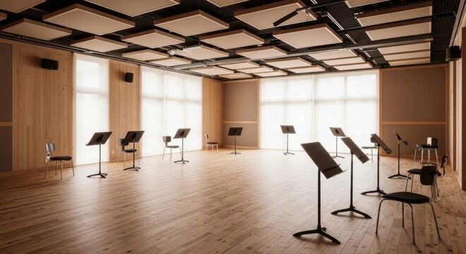 An empty music rehearsal room with acoustic ceiling panels and numerous music stands, prepared for practice and performance.