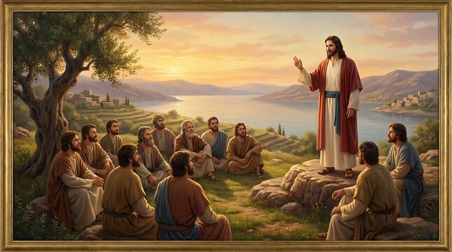 Detailed religious artwork in frame featuring jesus christ standing on rock teaching twelve disciples near water under sunset sky with large olive tree and distant shore background.