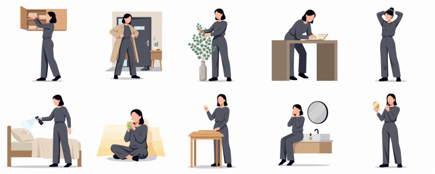 Everyday Female Character Doing Various Daily Activities and Chores Collection