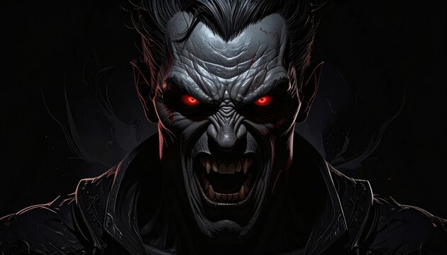 A monstrous figure with red eyes, snarling, and sharp teeth, emerging from darkness