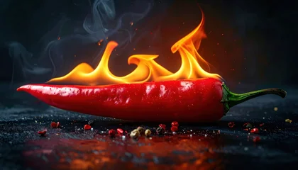 Keuken achterwand Hete pepers Fiery Red Chili Pepper Ignited with Intense Flames.  © Zaenal