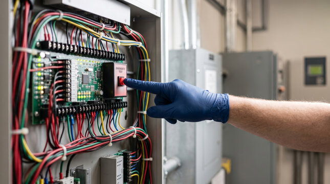Technician testing electrical fire safety system panel in commercial building