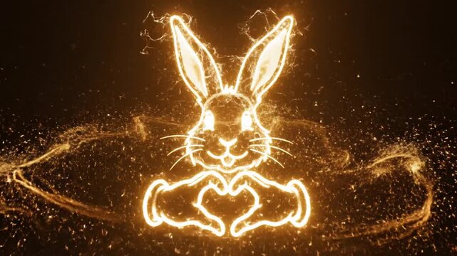 Glowing golden sparkler rabbit head and hands on black background