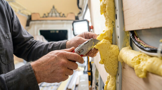 Worker trimming expanded spray foam insulation during van conversion