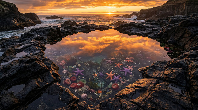 Colorful starfish in a rocky tide pool at golden sunset