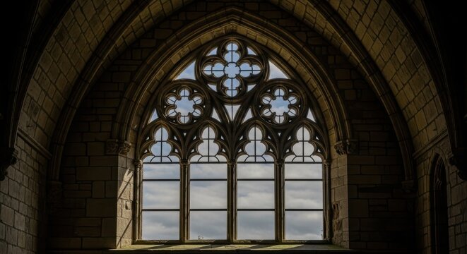 Exquisite Gothic arched stone window with intricate tracery illuminated by soft sky light, an emblem of ancient architectural grandeur