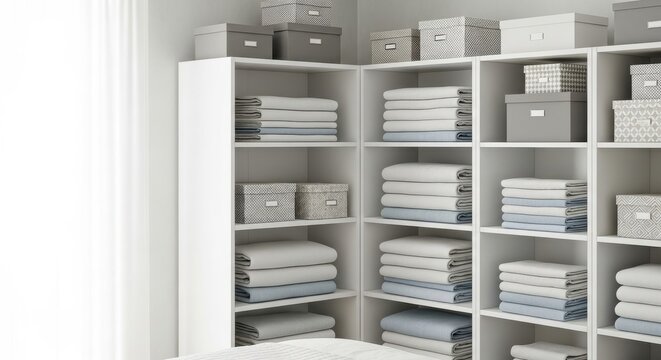 Gleaming white modular shelving units neatly organizing folded linens and storage boxes in a tidy home interior