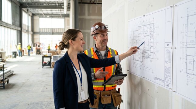 Architect and contractor reviewing floor plans at construction site