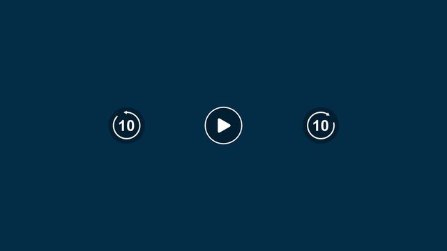 Media Player Controls Play Forward and Rewind Icons. Video Playback Interface with Skip 10 Seconds Buttons. Audio Player UI with Play and Seek Controls.