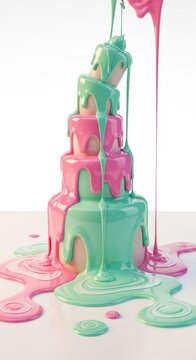 A surreal multi-tiered cake liquefies into glossy pastel puddles, dripping like molten plastic in soft pink and mint tones on a clean studio base, vibrant, peach, bakery