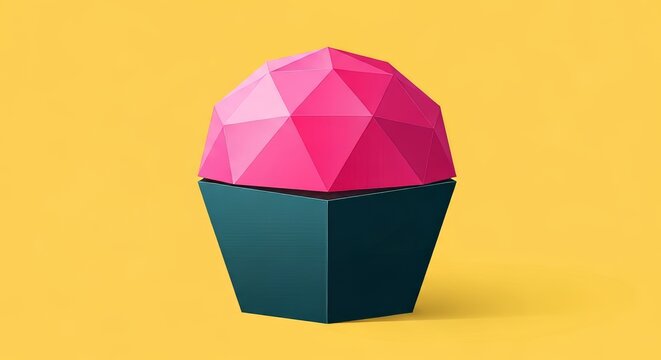 A minimalist cupcake illustration features a vibrant pink geometric dome atop a dark teal trapezoid base against a solid yellow background, modern, element, bakery