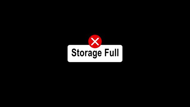 Storage Full Error Notification on Black Background. Low Storage Warning Message with Red Cross Icon. Device Memory Full Alert Popup.
